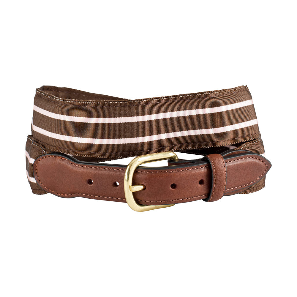 Brown &amp; Pale Pink Grosgrain Ribbon Leather Tab Belt