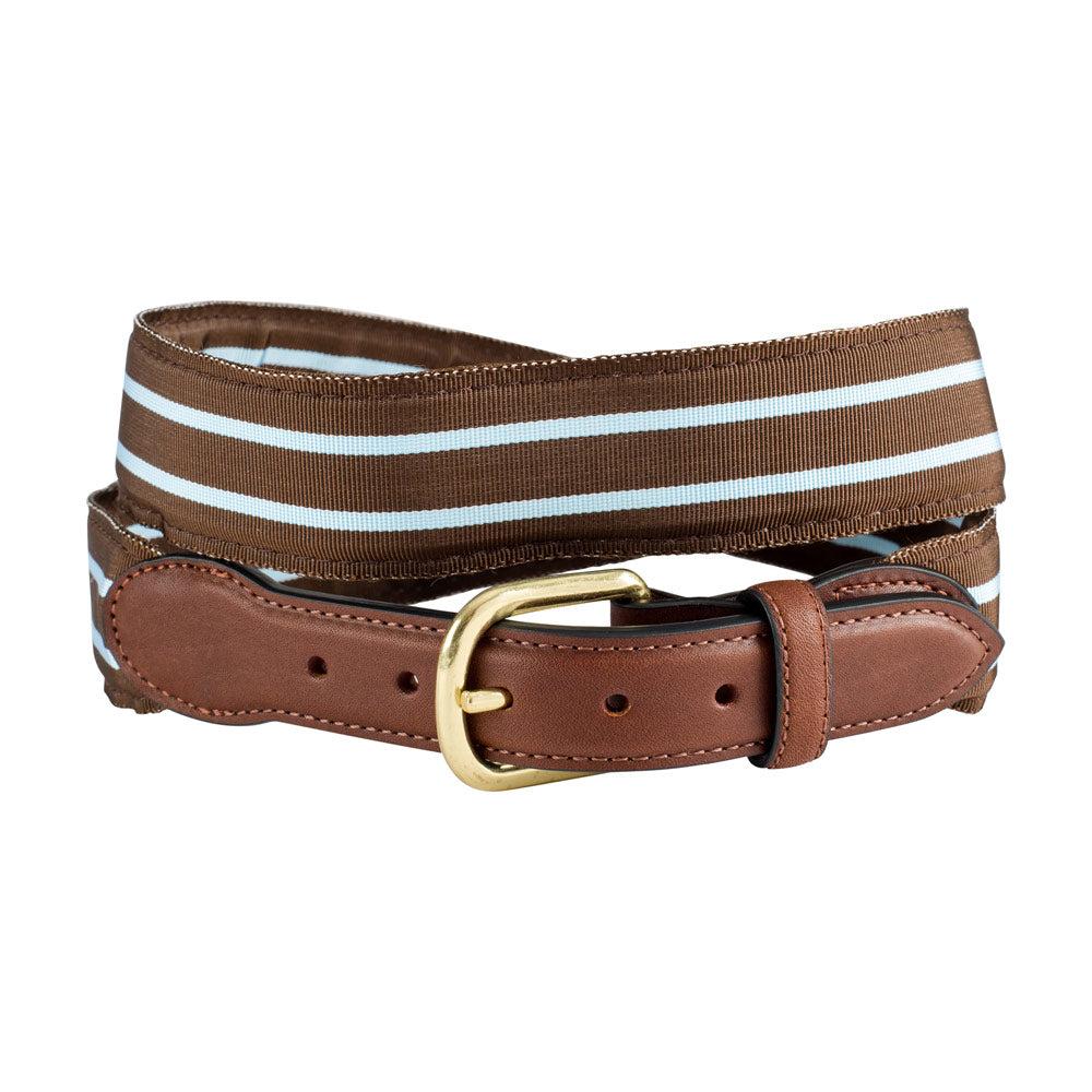 Brown &amp; Light Blue Grosgrain Ribbon Leather Tab Belt