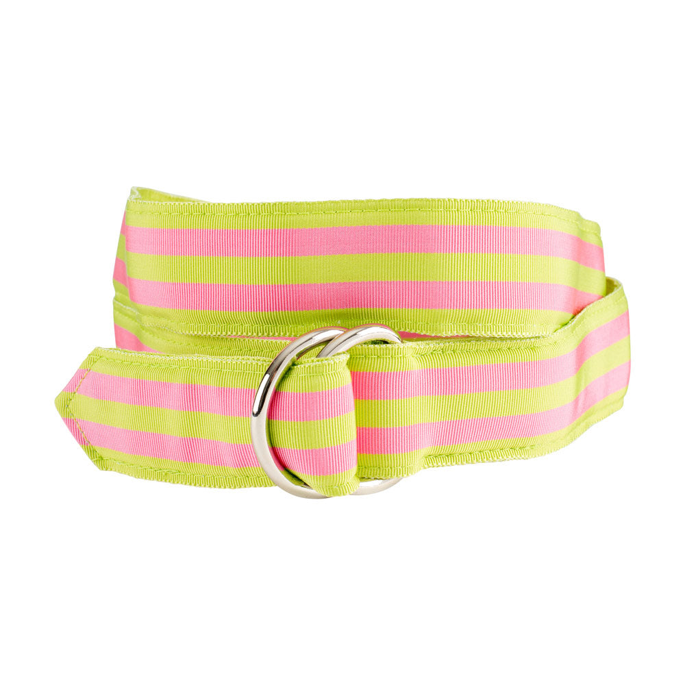 Grass Green &amp; Pink Grosgrain Ribbon D-Ring Belt