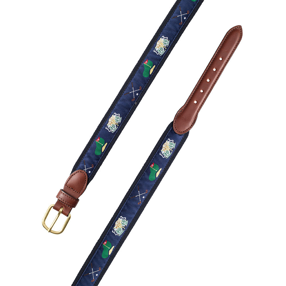 Navy Golf Motif Leather Tab Belt