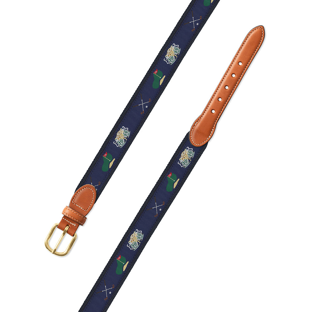 Navy Golf Motif Leather Tab Belt