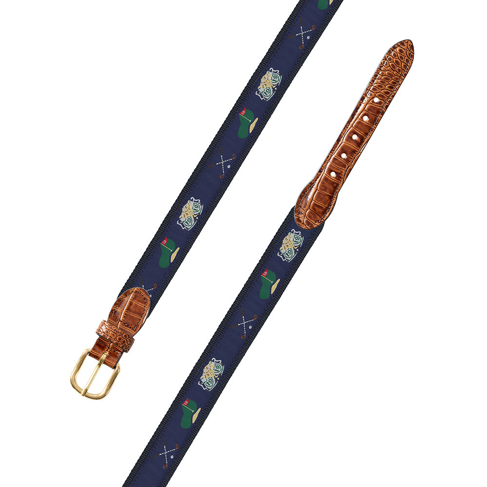 Navy Golf Motif Leather Tab Belt