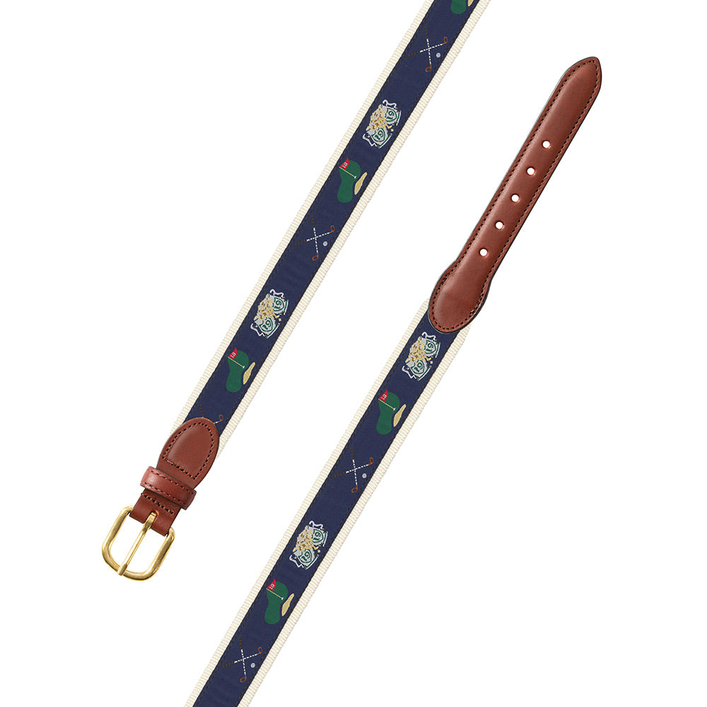 Navy &amp; Natural Golf Motif Leather Tab Belt