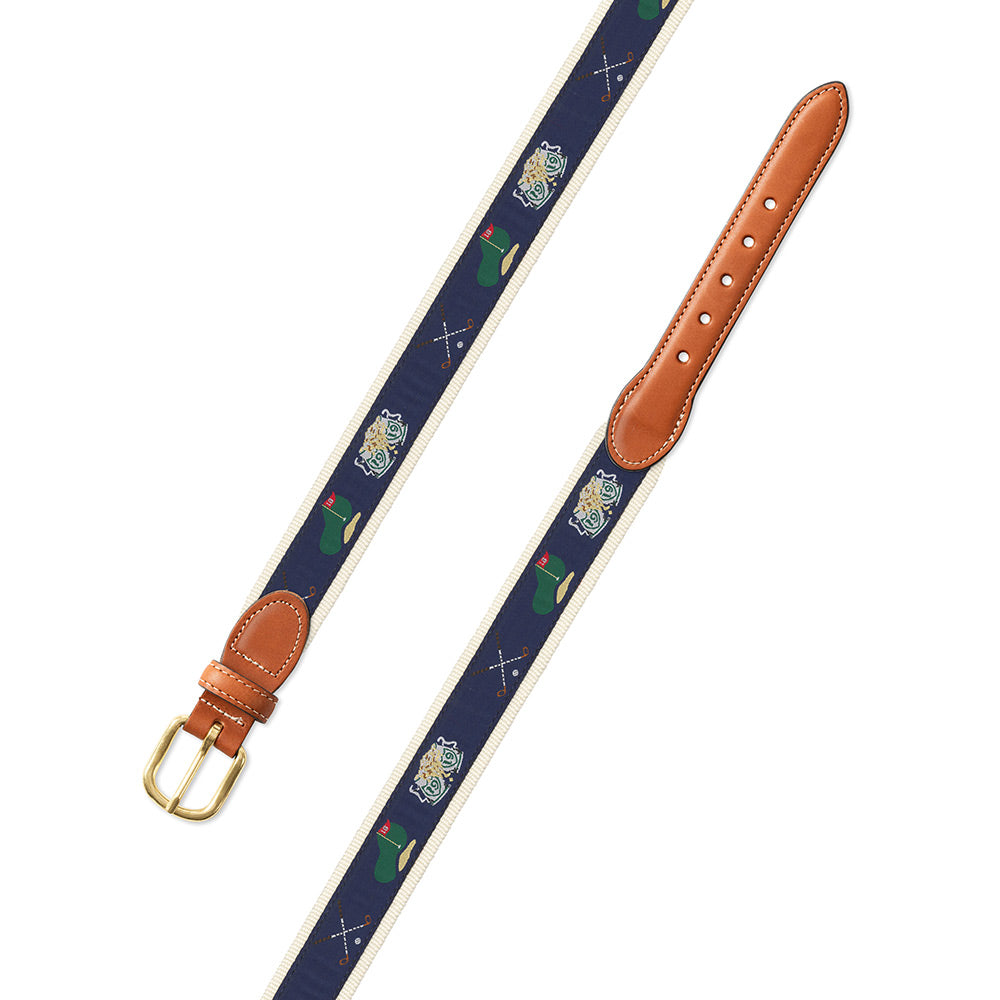 Navy &amp; Natural Golf Motif Leather Tab Belt