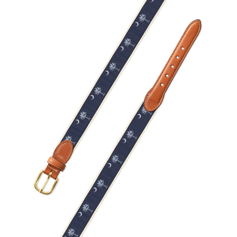 Navy South Carolina Flag Motif Leather Tab Belt