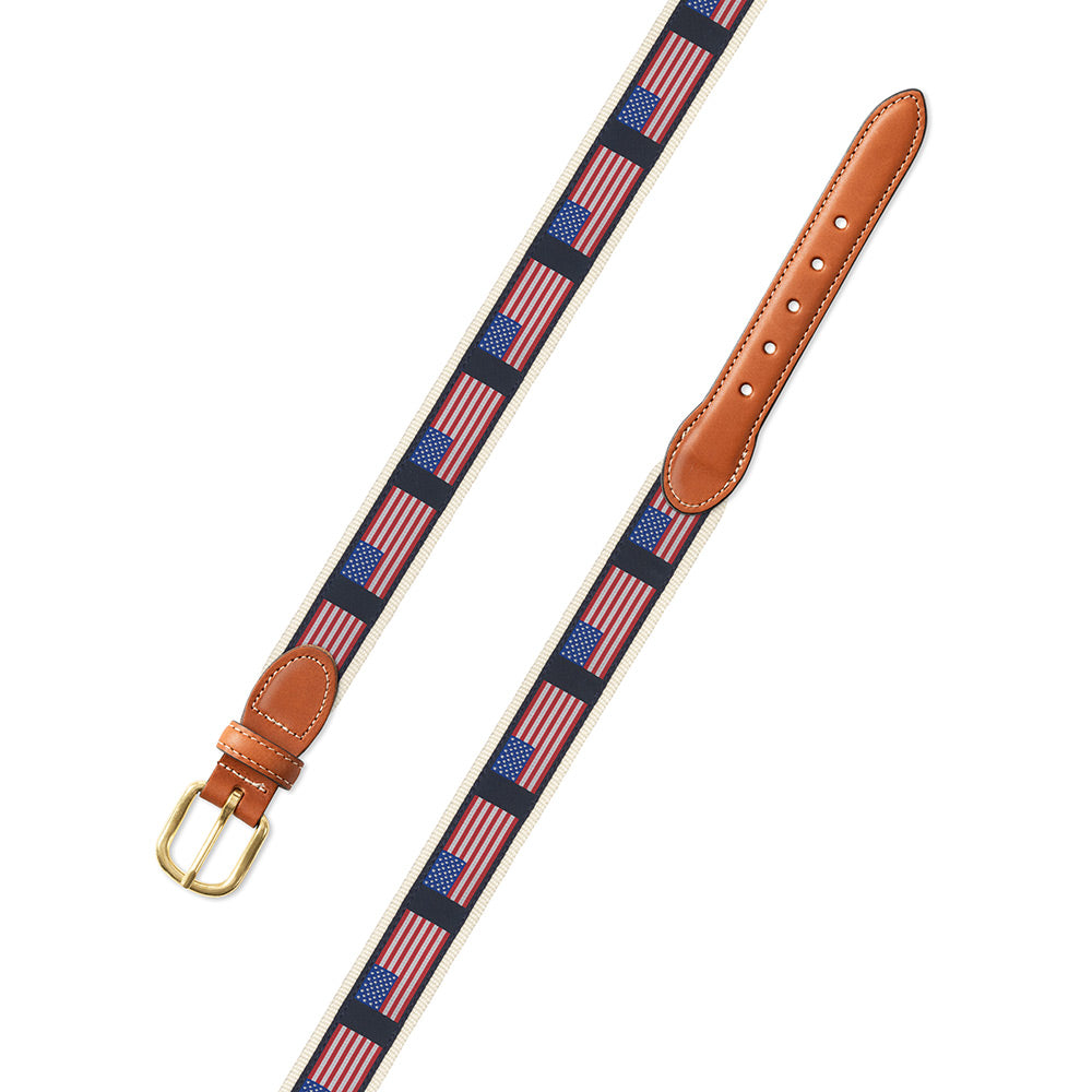American Flag on White Motif Leather Tab Belt
