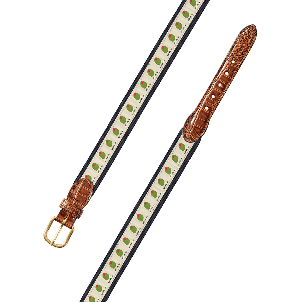 Olive U on Navy Bespoken Motif Leather Tab Belt