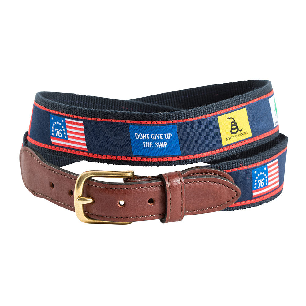 Founding Flags on Navy Bespoken Motif Leather Tab Belt - Barrons