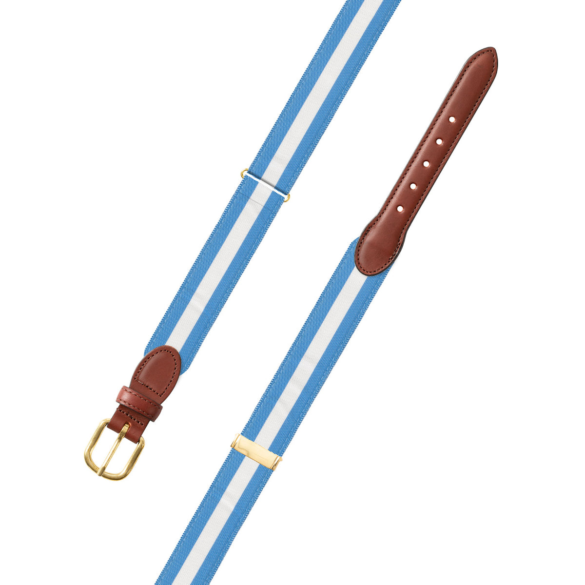 Adjustable Carolina Blue &amp; White Grosgrain Belt with Brown Leather Tabs