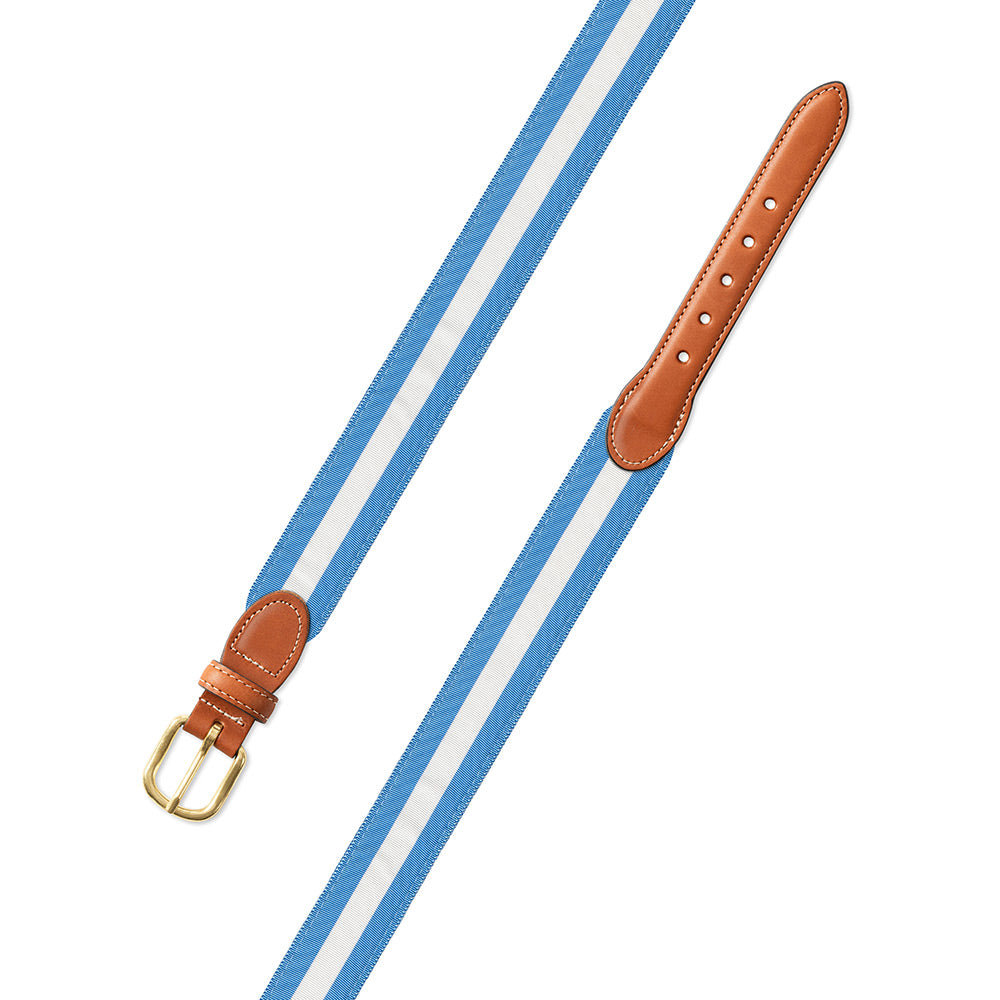 Carolina Blue &amp; White Grosgrain Ribbon Leather Tab Belt