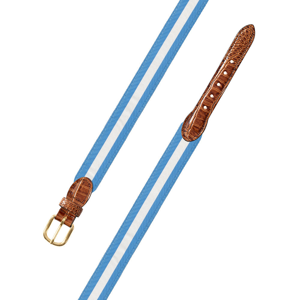 Carolina Blue &amp; White Grosgrain Ribbon Leather Tab Belt