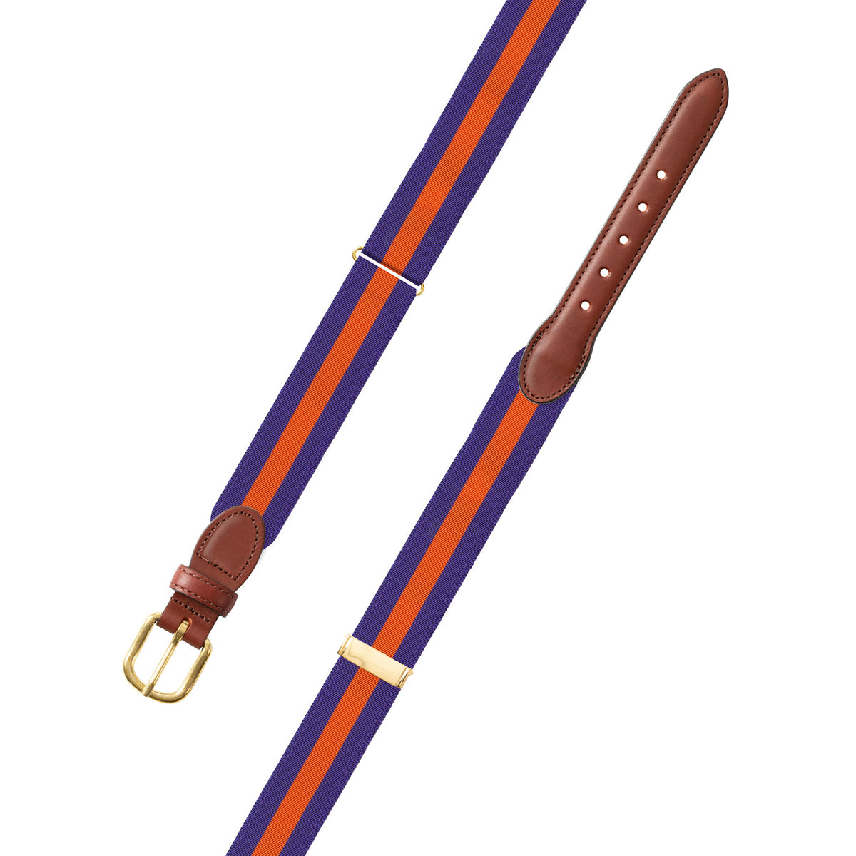 Adjustable Purple &amp; Orange Grosgrain Belt with Brown Leather Tabs