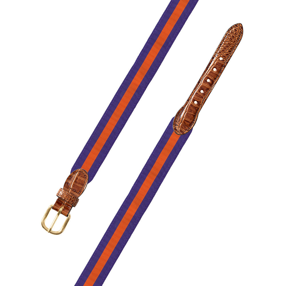 Purple &amp; Orange Grosgrain Ribbon Leather Tab Belt