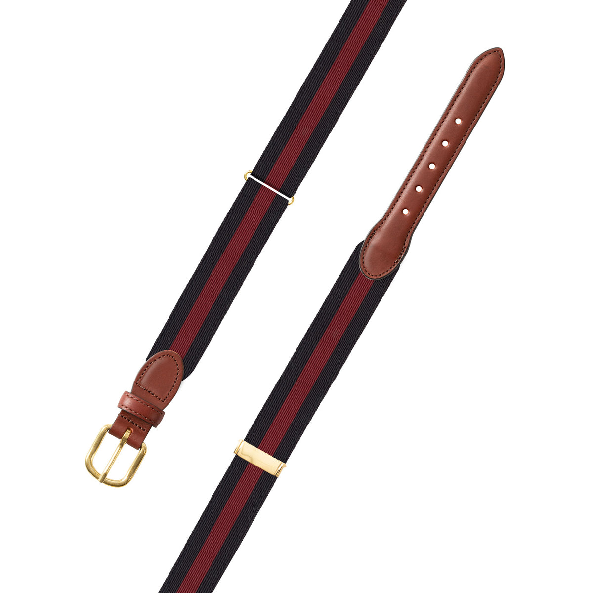Adjustable Black &amp; Maroon Grosgrain Belt with Brown Leather Tabs