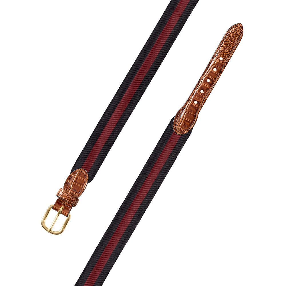 Black &amp; Maroon Grosgrain Ribbon Leather Tab Belt
