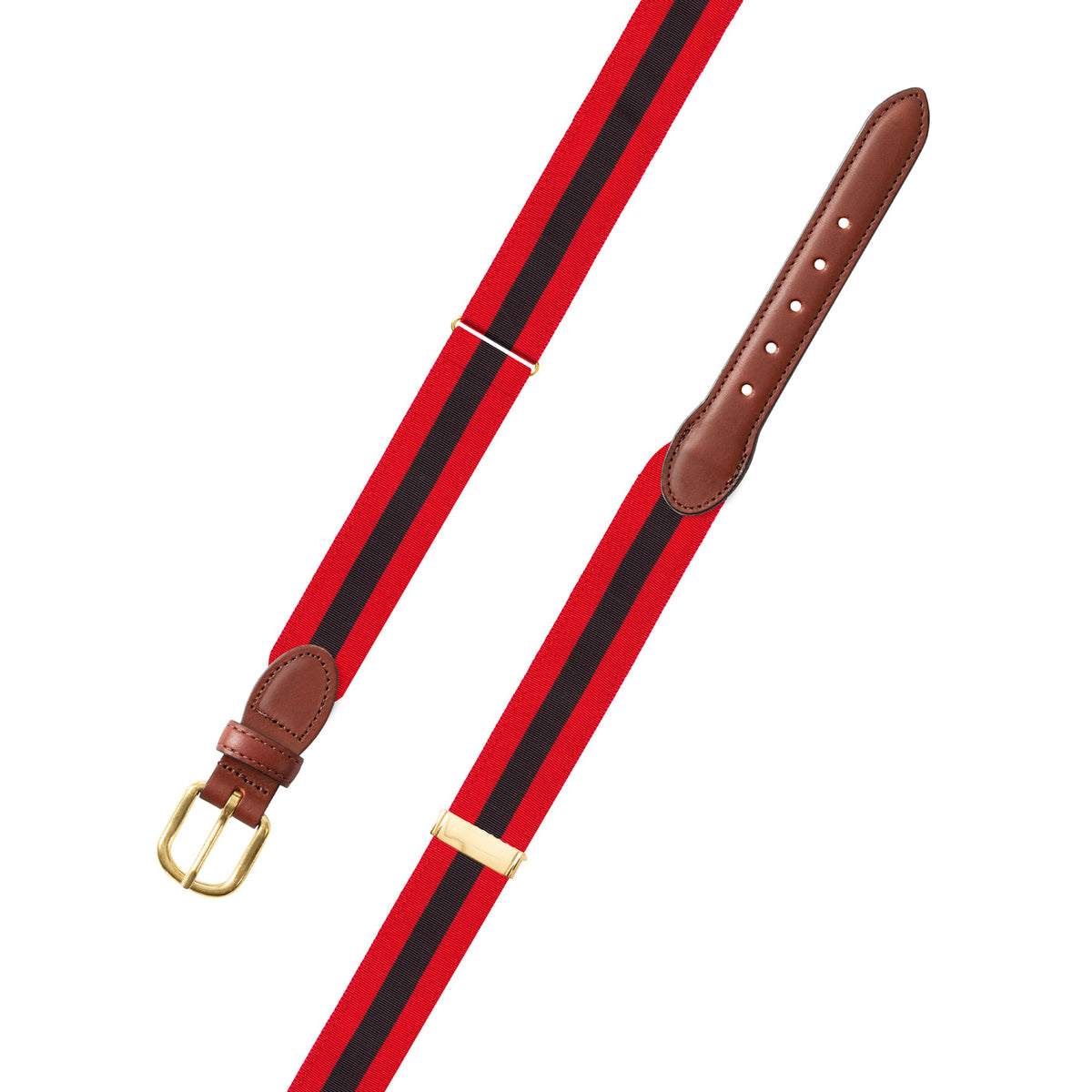 Adjustable Red &amp; Black Grosgrain Belt with Brown Leather Tabs