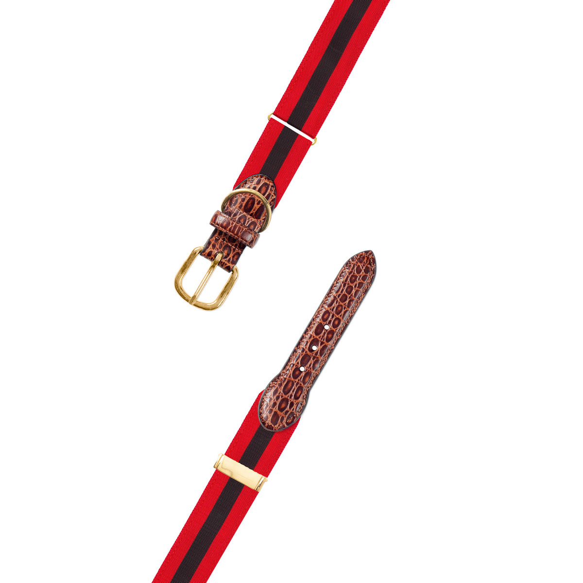 Adjustable Red &amp; Black Grosgrain Dog Collar with Embossed Calf Tabs