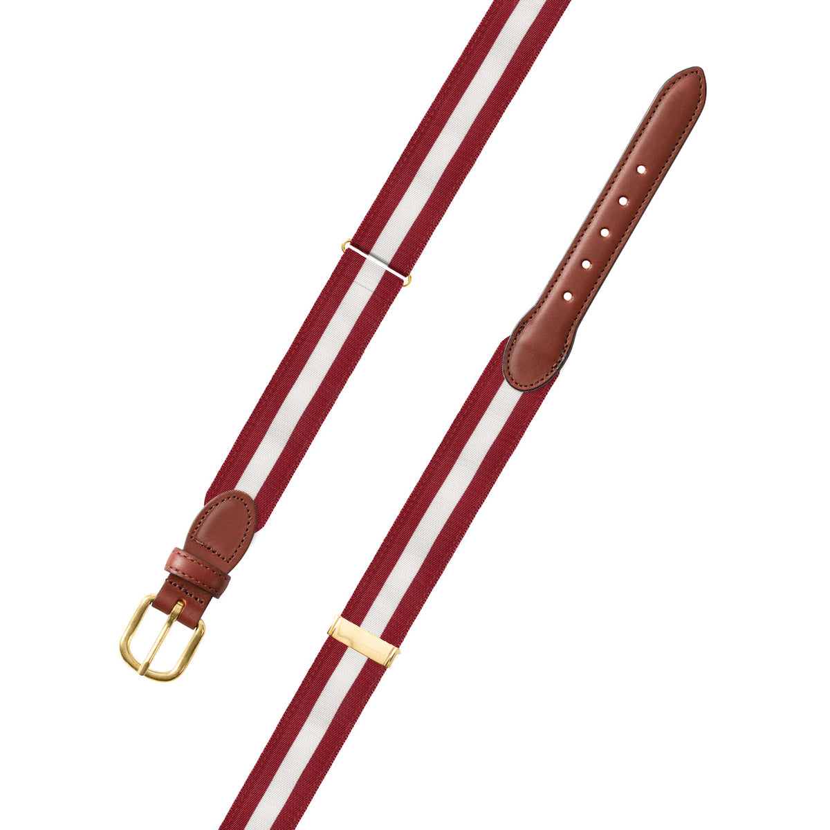 Adjustable Crimson &amp; White Grosgrain Belt with Brown Leather Tabs