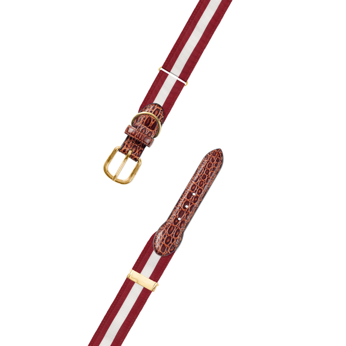 Adjustable Crimson &amp; White Grosgrain Dog Collar with Embossed Calf Tabs
