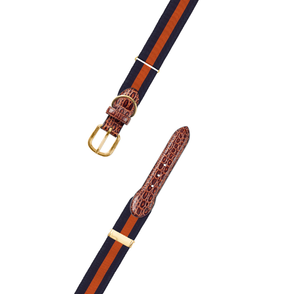 Adjustable Navy &amp; Orange Grosgrain Dog Collar with Embossed Calf Tabs
