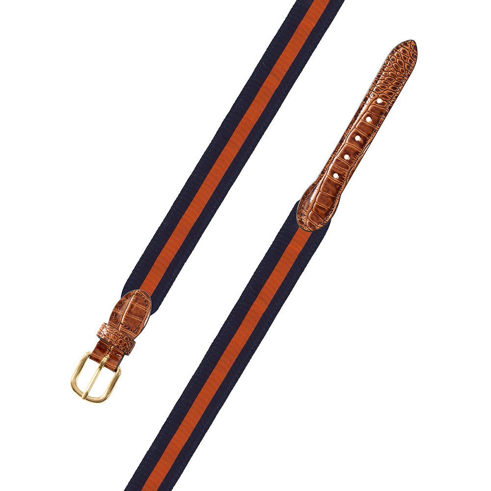 Navy &amp; Orange Grosgrain Ribbon Leather Tab Belt
