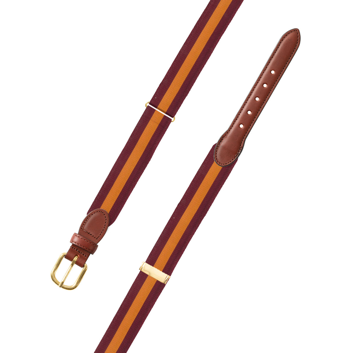 Adjustable Maroon &amp; Orange Grosgrain Belt with Brown Leather Tabs