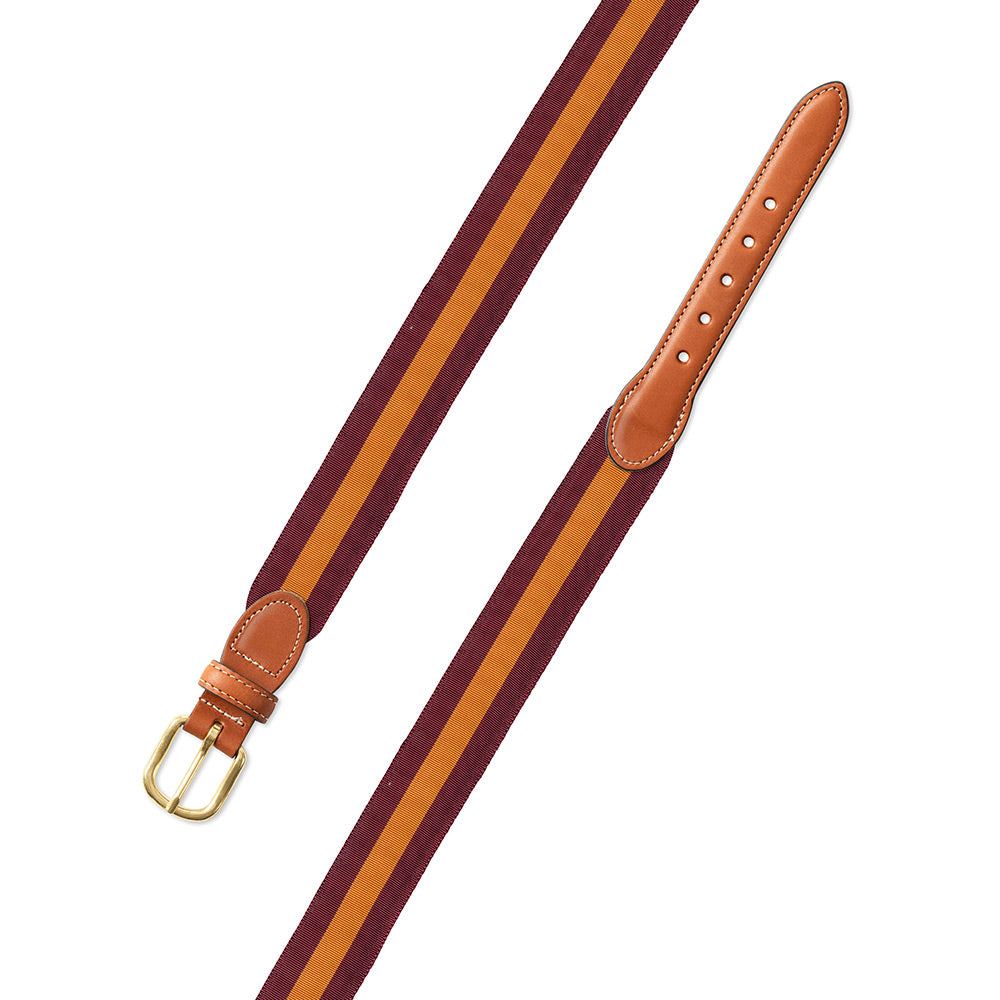 Maroon &amp; Orange Grosgrain Ribbon Leather Tab Belt