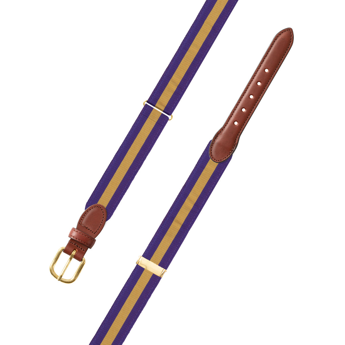 Adjustable Purple &amp; Gold Grosgrain Belt with Brown Leather Tabs
