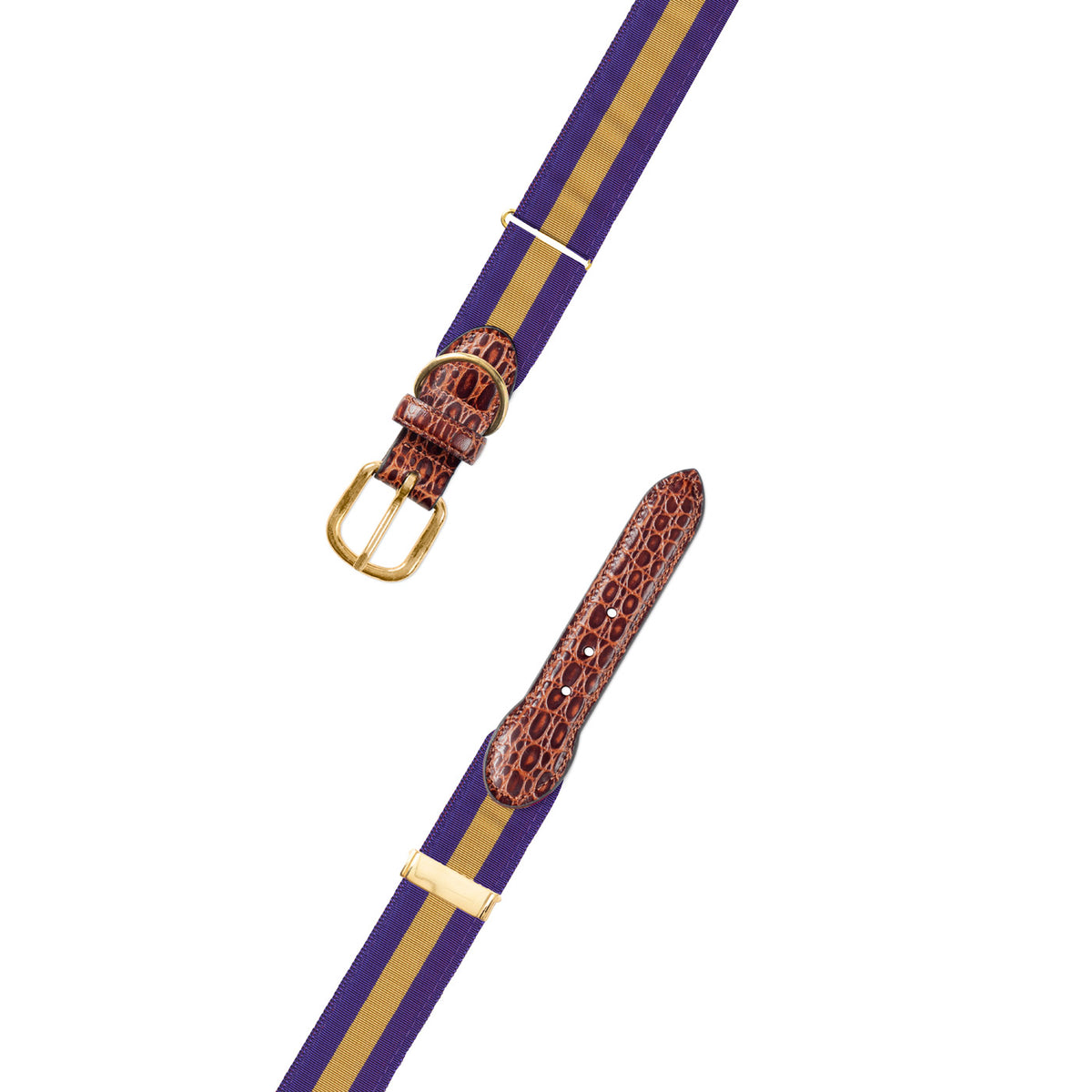 Adjustable Purple &amp; Gold Grosgrain Dog Collar with Embossed Calf Tabs