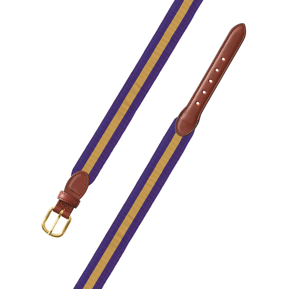 Purple &amp; Gold Grosgrain Ribbon Leather Tab Belt