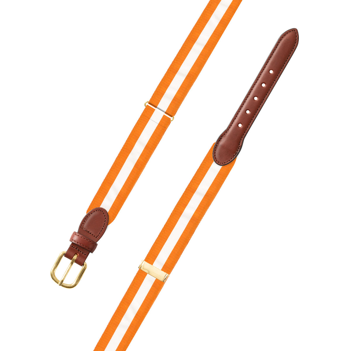 Adjustable Orange &amp; White Grosgrain Belt with Brown Leather Tabs