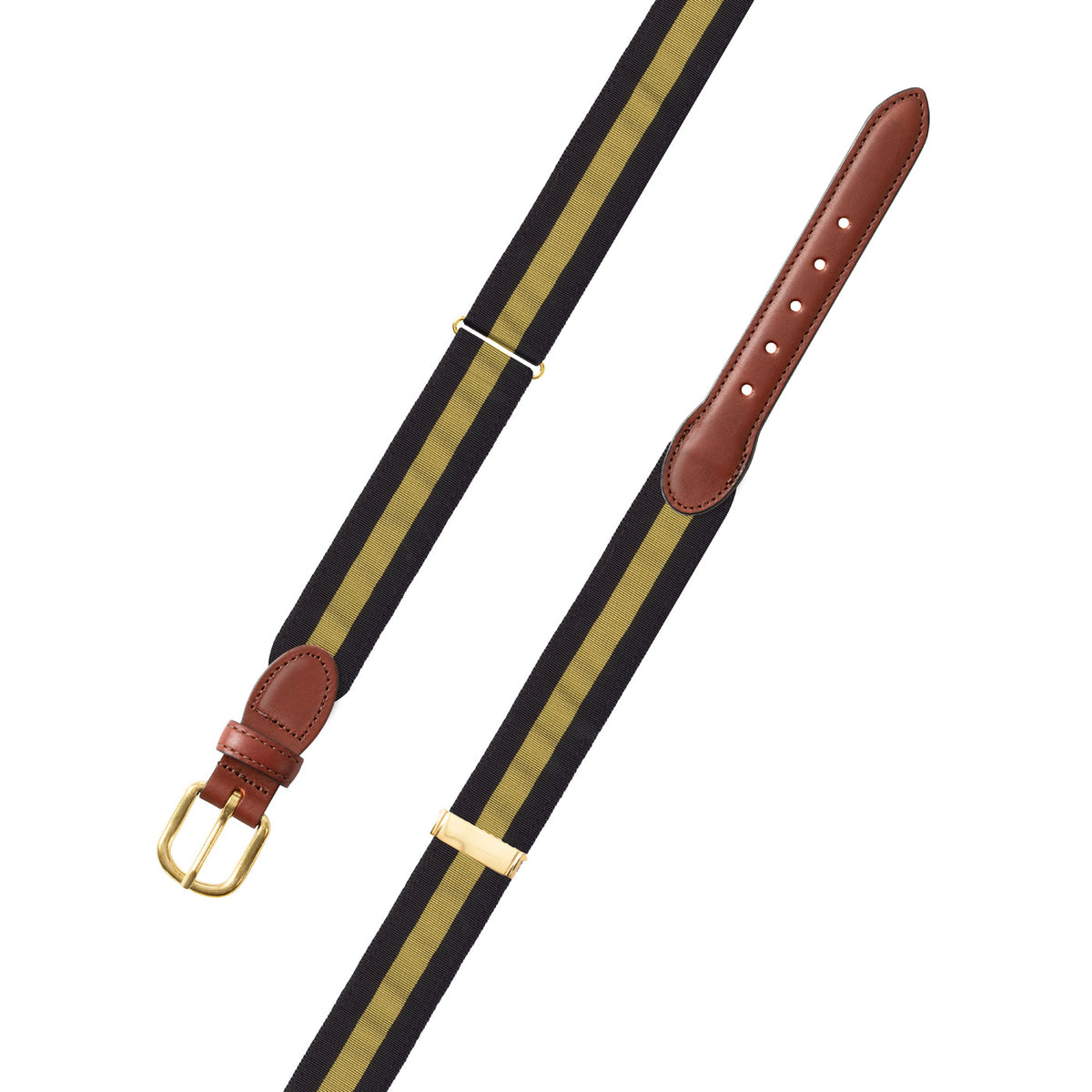 Adjustable Black &amp; Gold Grosgrain Belt with Brown Leather Tabs