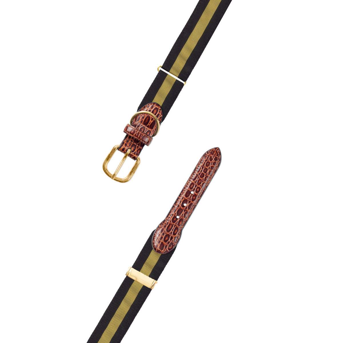Adjustable Black &amp; Gold Grosgrain Dog Collar with Embossed Calf Tabs