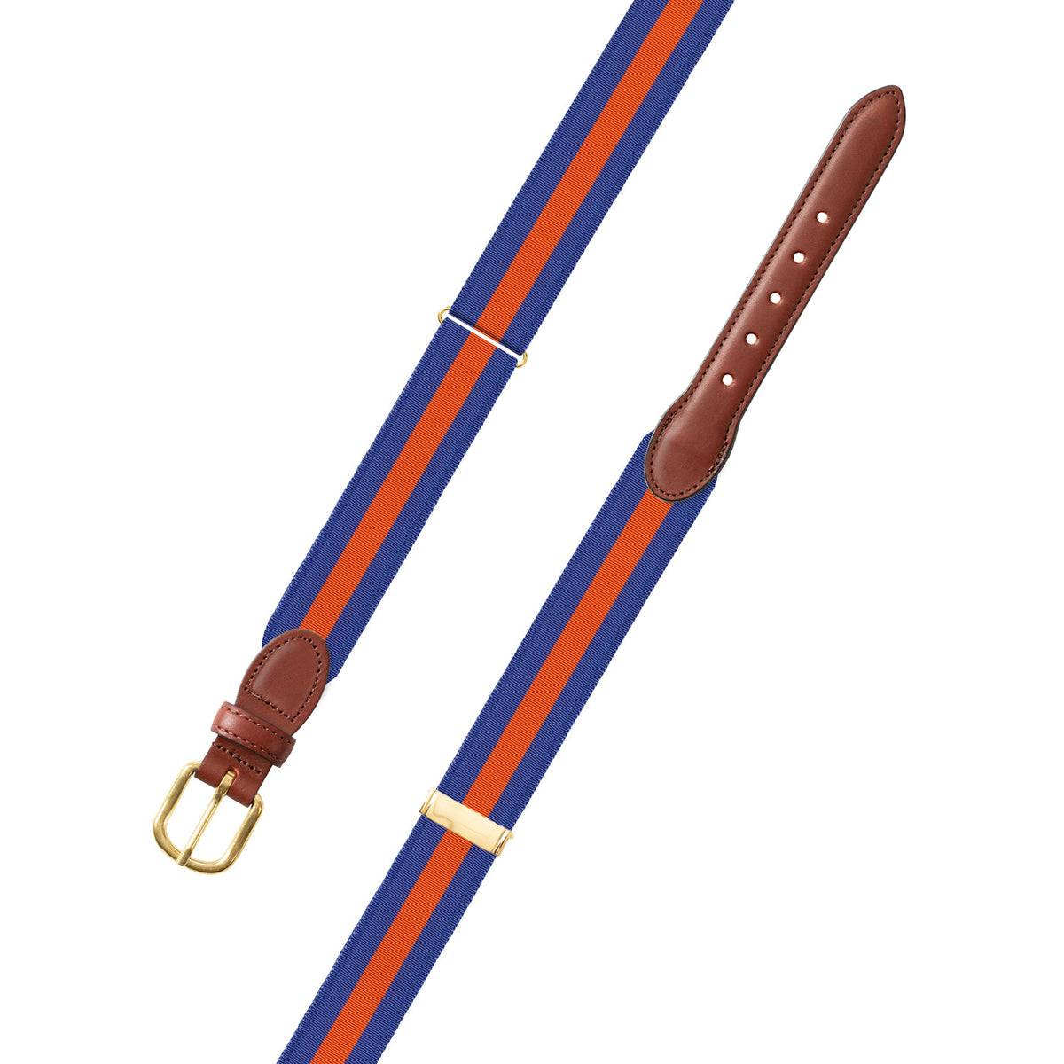 Adjustable Blue &amp; Orange Grosgrain Belt with Brown Leather Tabs