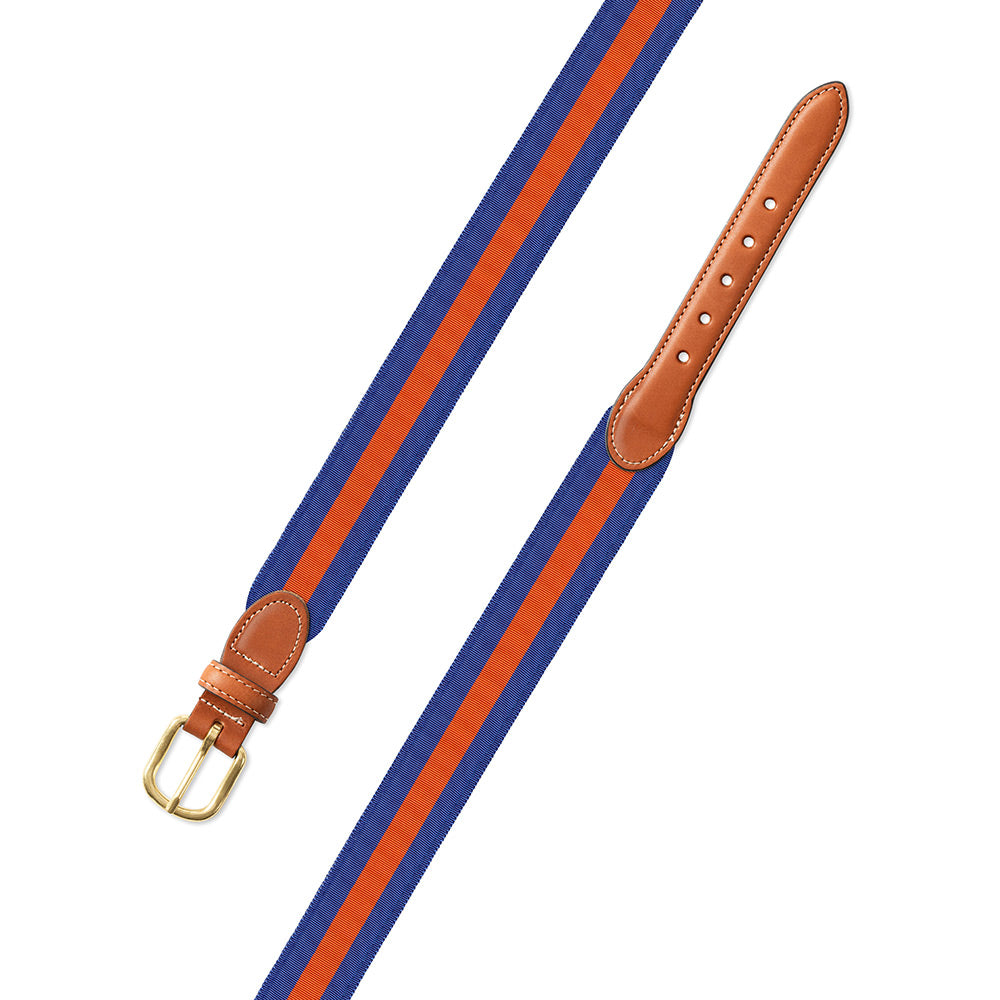 Blue &amp; Orange Grosgrain Ribbon Leather Tab Belt