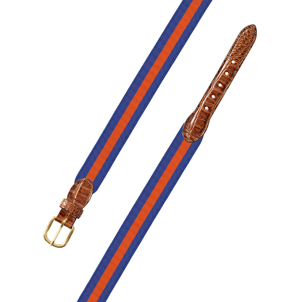 Blue &amp; Orange Grosgrain Ribbon Leather Tab Belt