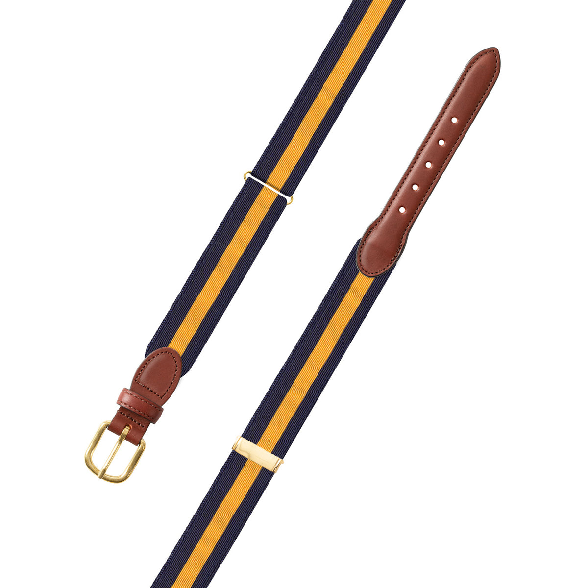 Adjustable Navy &amp; Maize Yellow Grosgrain Belt with Brown Leather Tabs