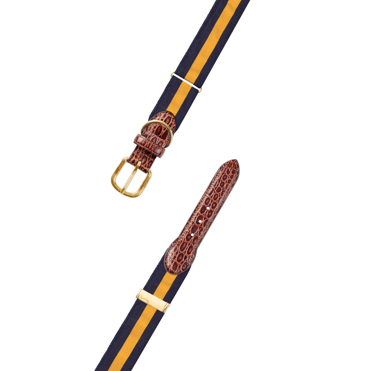 Adjustable Navy &amp; Maize Yellow Grosgrain Dog Collar with Embossed Calf Tabs