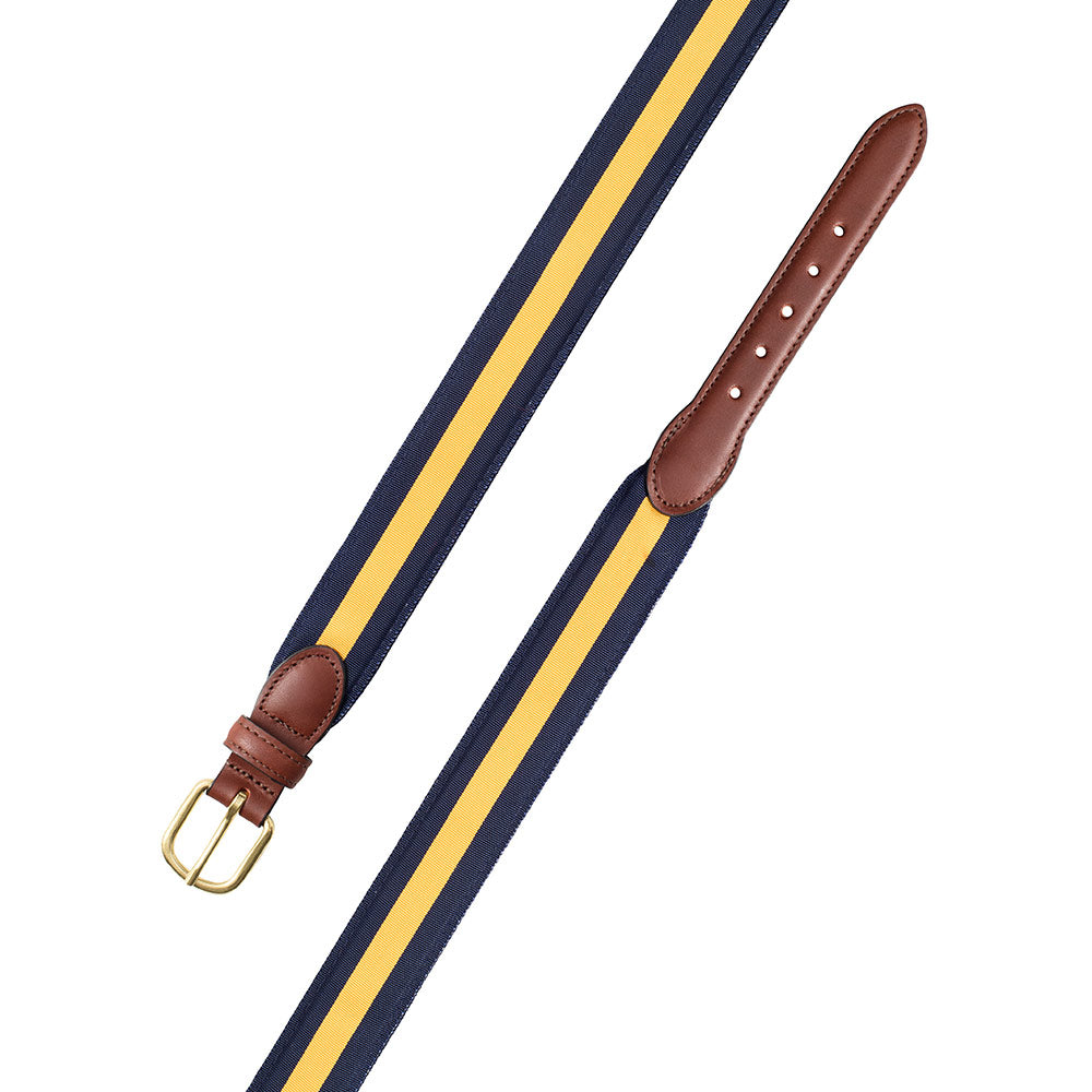 Navy &amp; Maize Yellow Grosgrain Ribbon Leather Tab Belt