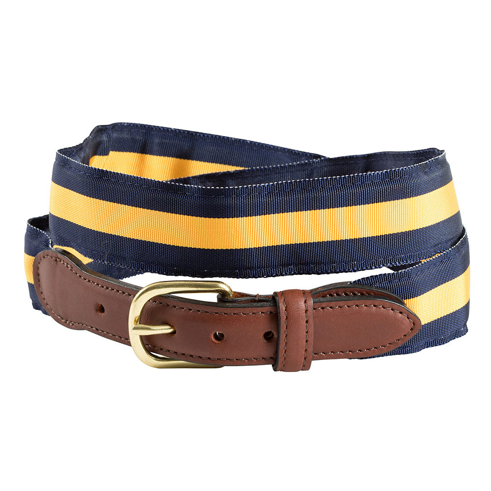 Navy &amp; Maize Yellow Grosgrain Ribbon Leather Tab Belt