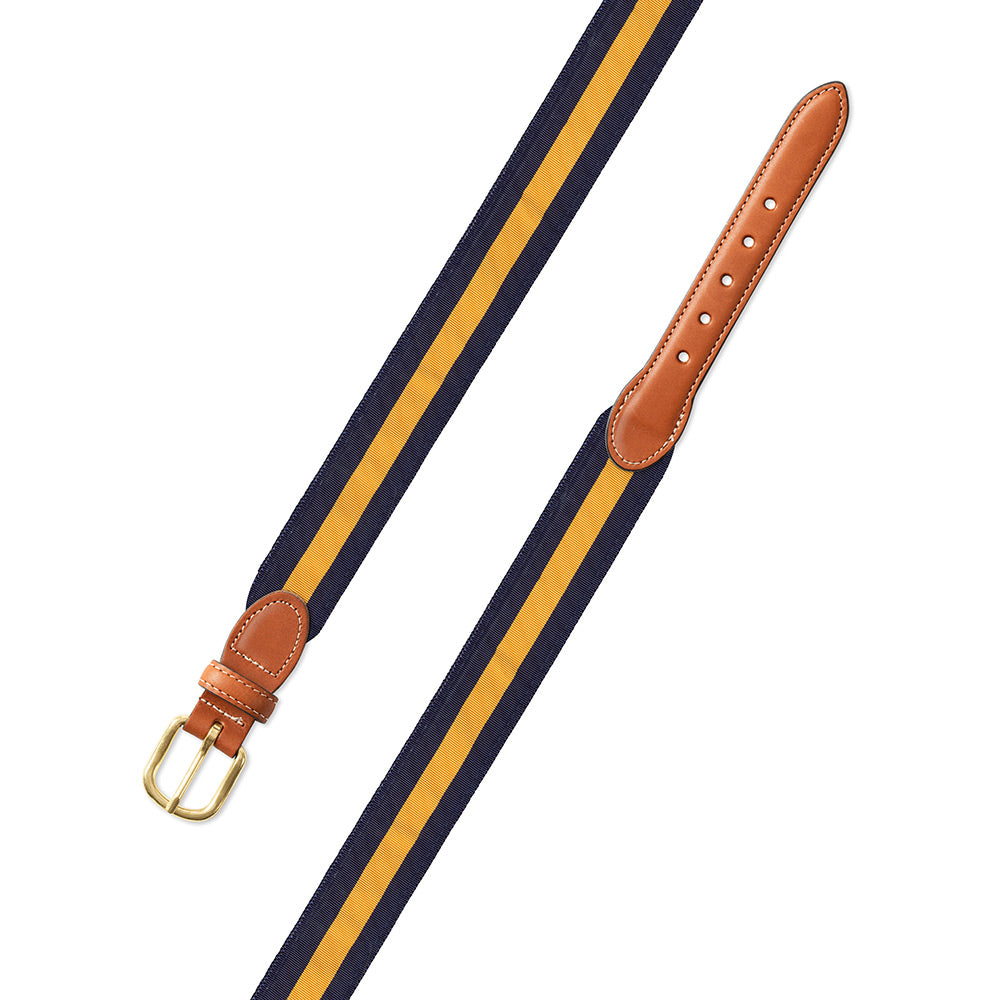 Navy &amp; Maize Yellow Grosgrain Ribbon Leather Tab Belt