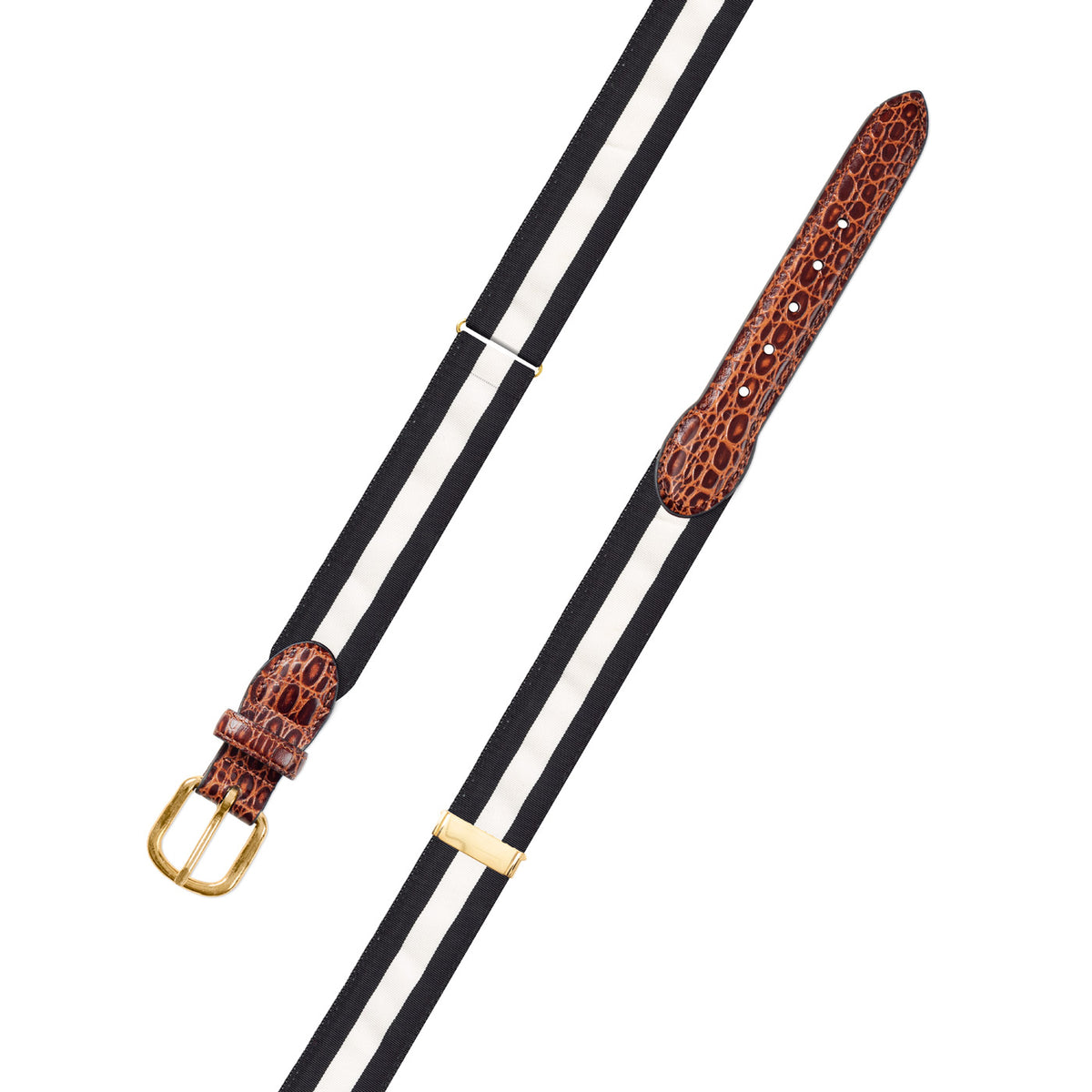 Adjustable White on Black Grosgrain Belt with Embossed Calf Tabs