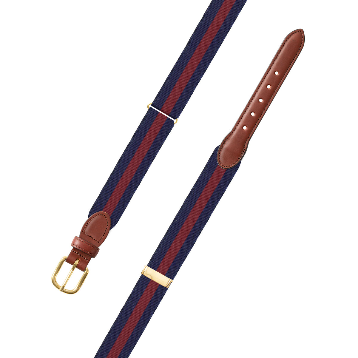 Adjustable Navy &amp; Burgundy Grosgrain Belt with Brown Leather Tabs