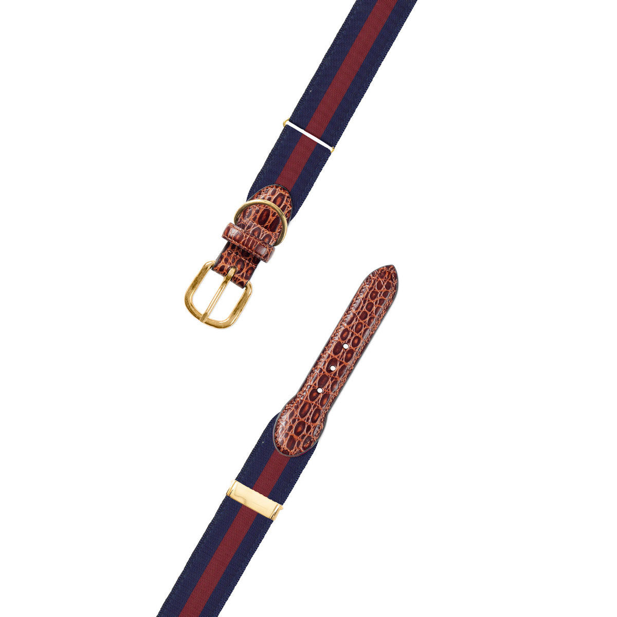 Adjustable Navy &amp; Burgundy Grosgrain Dog Collar with Embossed Calf Tabs