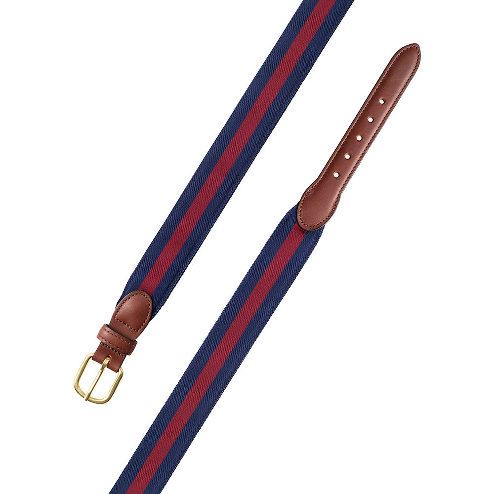 Navy &amp; Burgundy Grosgrain Ribbon Leather Tab Belt