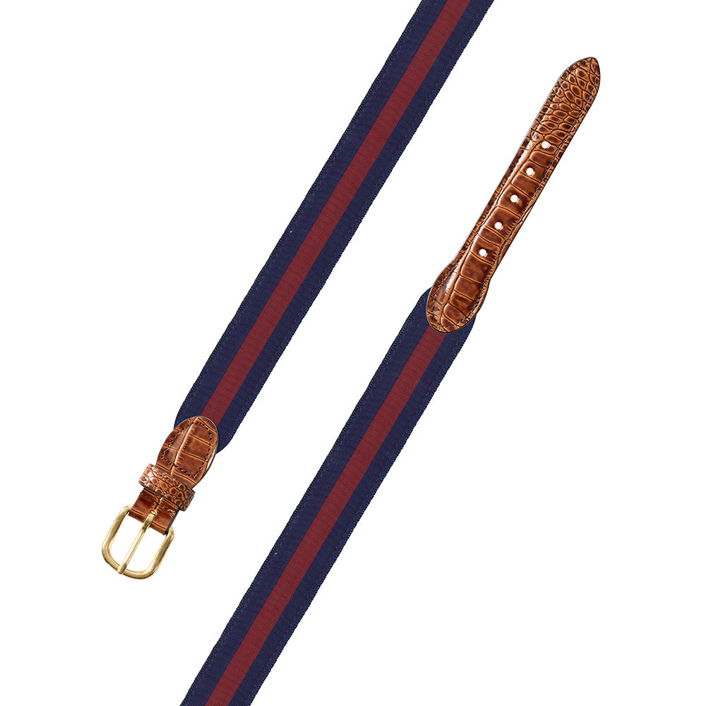 Navy &amp; Burgundy Grosgrain Ribbon Leather Tab Belt