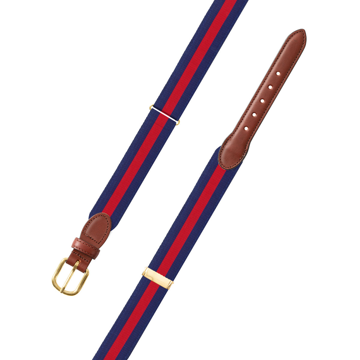 Adjustable Red on Navy Grosgrain Belt with Brown Leather Tabs