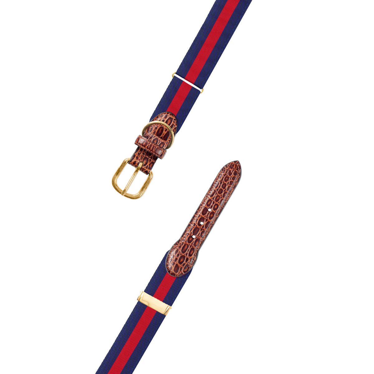 Adjustable Red on Navy Grosgrain Dog Collar with Embossed Calf Tabs