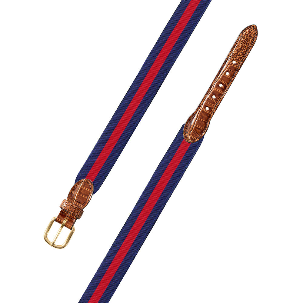 Red on Navy Grosgrain Ribbon Leather Tab Belt