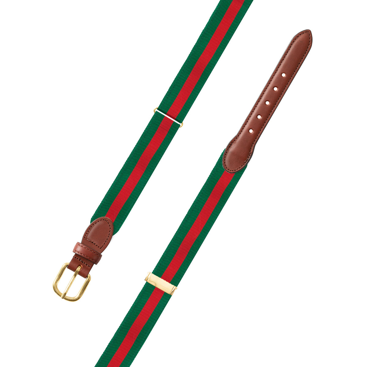 Adjustable Forest Green &amp; Red Grosgrain Belt with Brown Leather Tabs